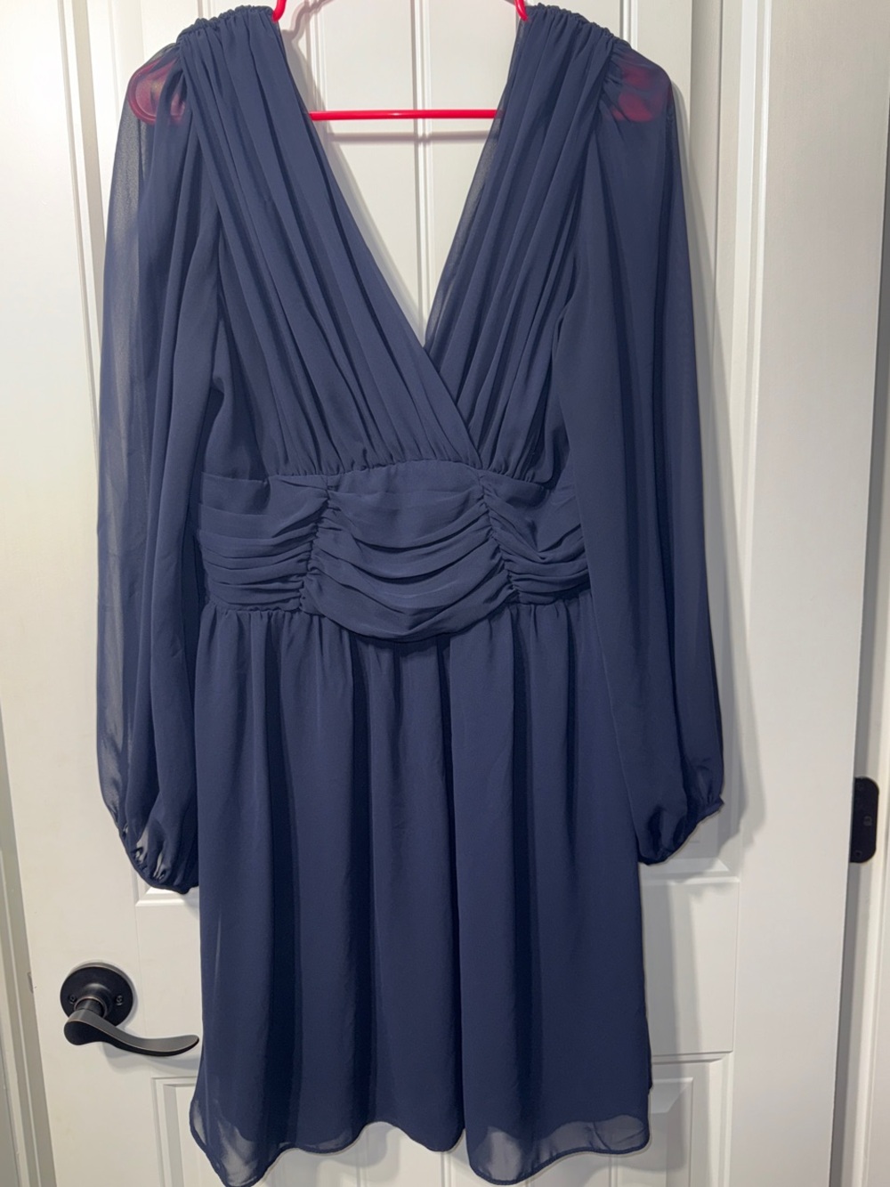ASOS Mini Dress Navy Blue Chiffon Ruched Empire Waist Sheer Long Sleeve US 12